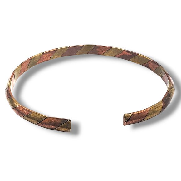 Brass Copper Alternating Stripes Thin Bangle Vintage Bracelet Mixed Metal - Picture 3 of 8